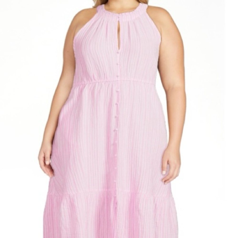 Time & Tru 100% Cotton Pink & White Striped Halter Neck Dress w/ POCKETS,2X (20)